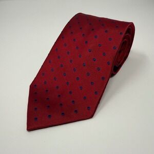 Jos A Bank 100% Silk Necktie Red‎ with Blue Polka Dots Classic Business
